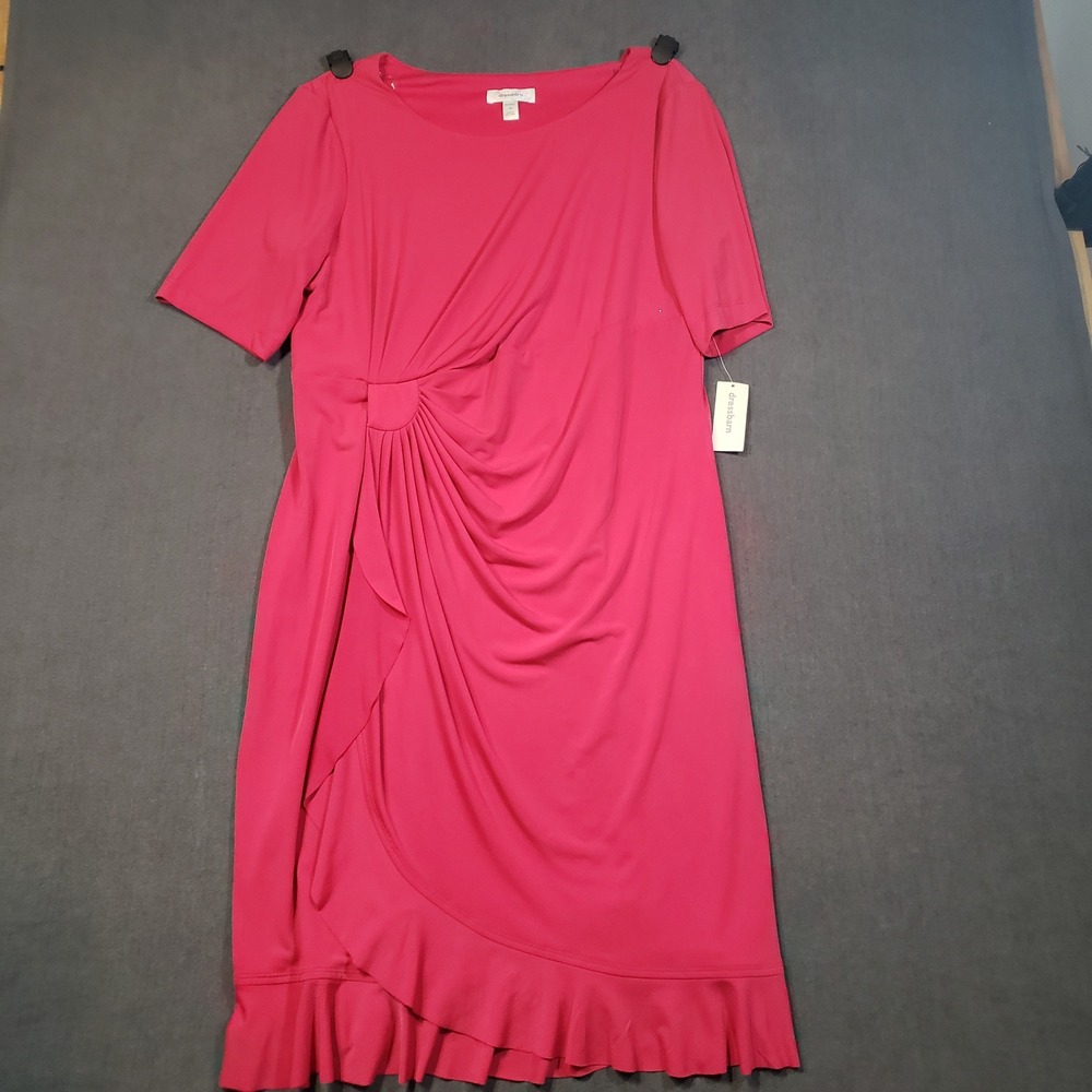 Dressbarn Sheath Dress Womens 14W Pink Faux Wrap Ruffle Hem Short Sleeve